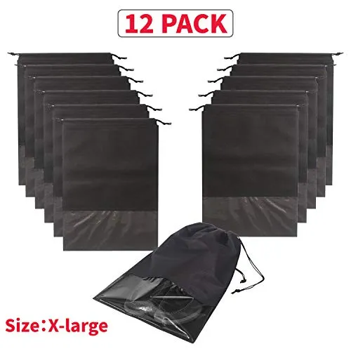 12PCS Travel Shoe Bags Non-Woven Storage with Rope for Men and Women Large Shoes Pouch Packing Organizers, Black