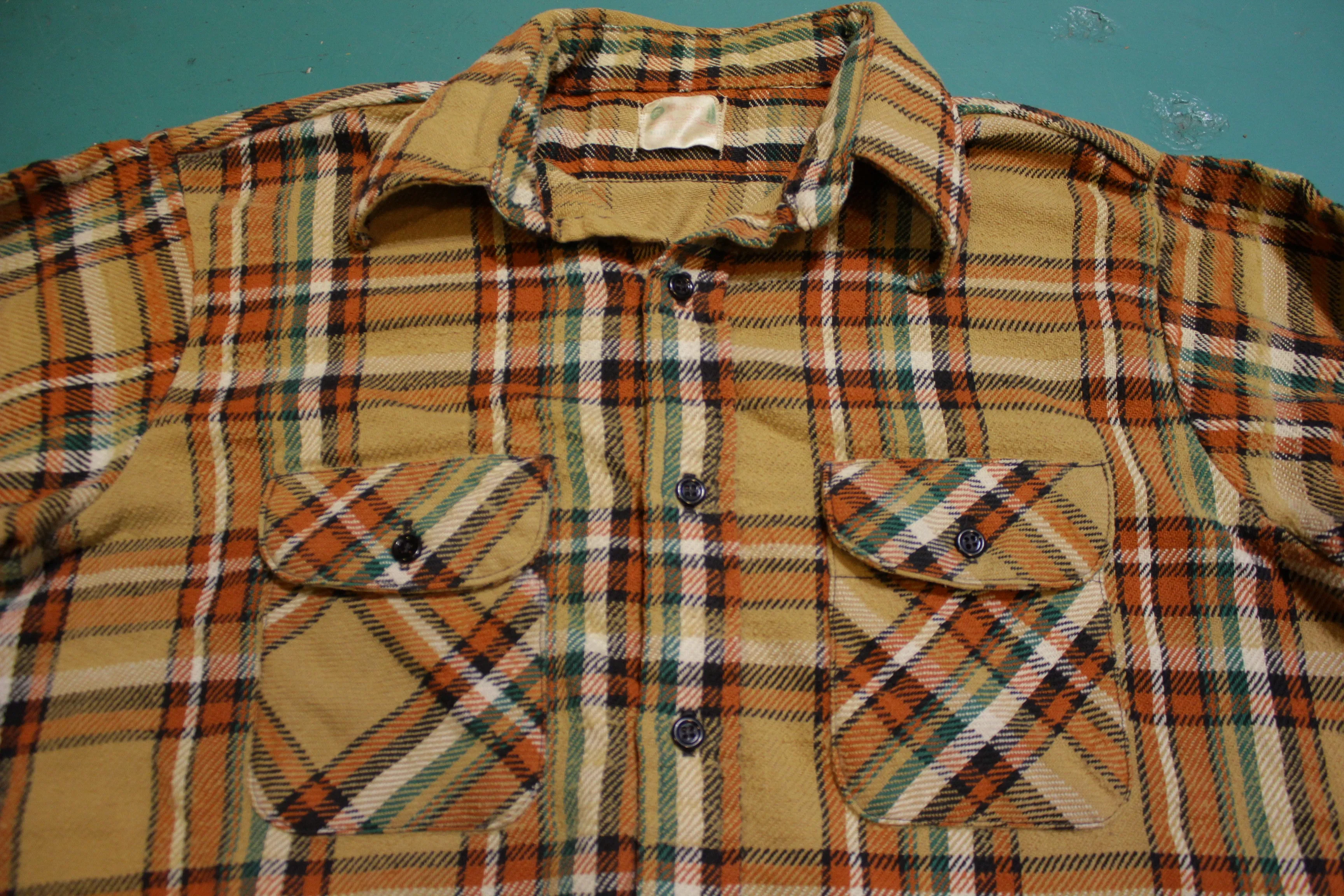 5 Brother Vintage 60's Orange Brown Green Flannel Plaid Shirt Long Sleeve Shirt