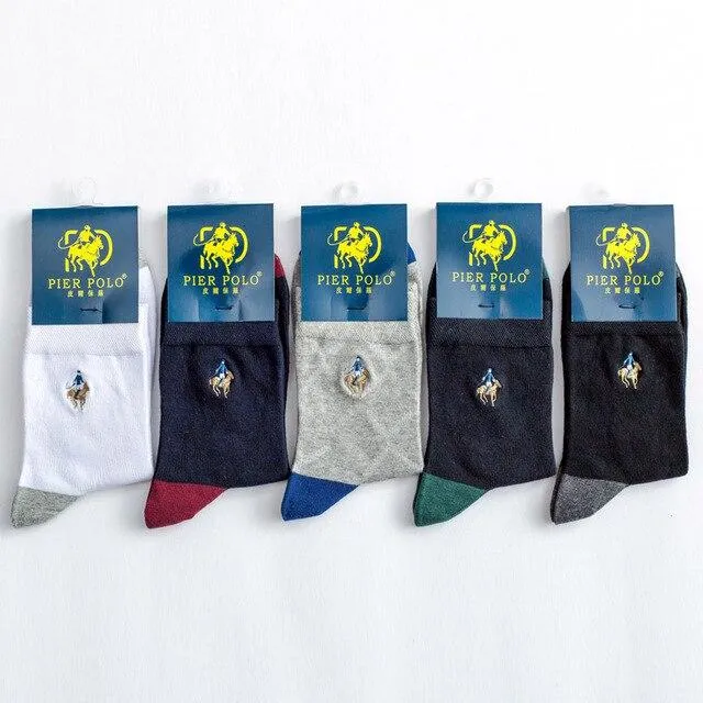 5 Pairs Lot Casual Business Embroidery Cotton Socks for Men