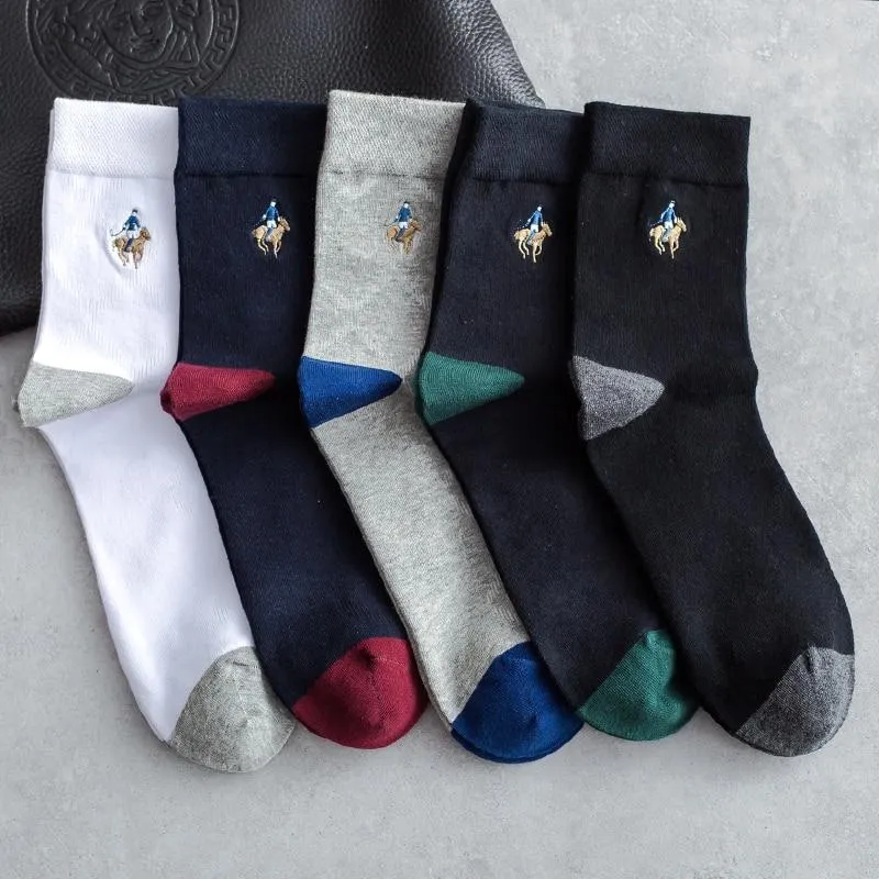 5 Pairs Lot Casual Business Embroidery Cotton Socks for Men