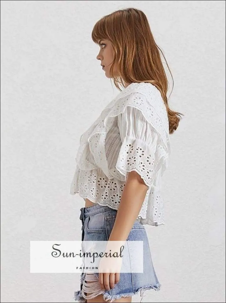 Anne top in White - Lace Lace Blouse for Women Square Collar Ruffles Puff Sleeve Crop top