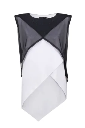 Asymmetrical white shirt with black mesh top