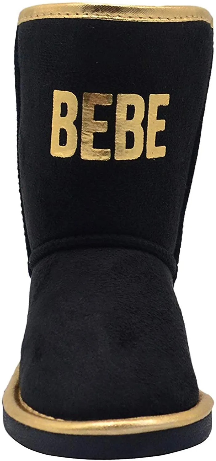 bebe Girls Big Kid Mid Calf Easy Pull-On Microsuede Winter Boots Embellished with Metallic Trim