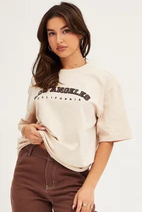 Beige Graphic T Shirt Crew Neck