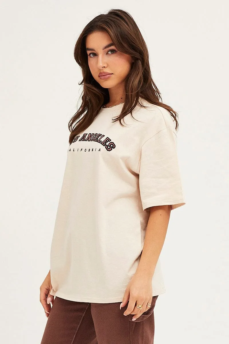 Beige Graphic T Shirt Crew Neck