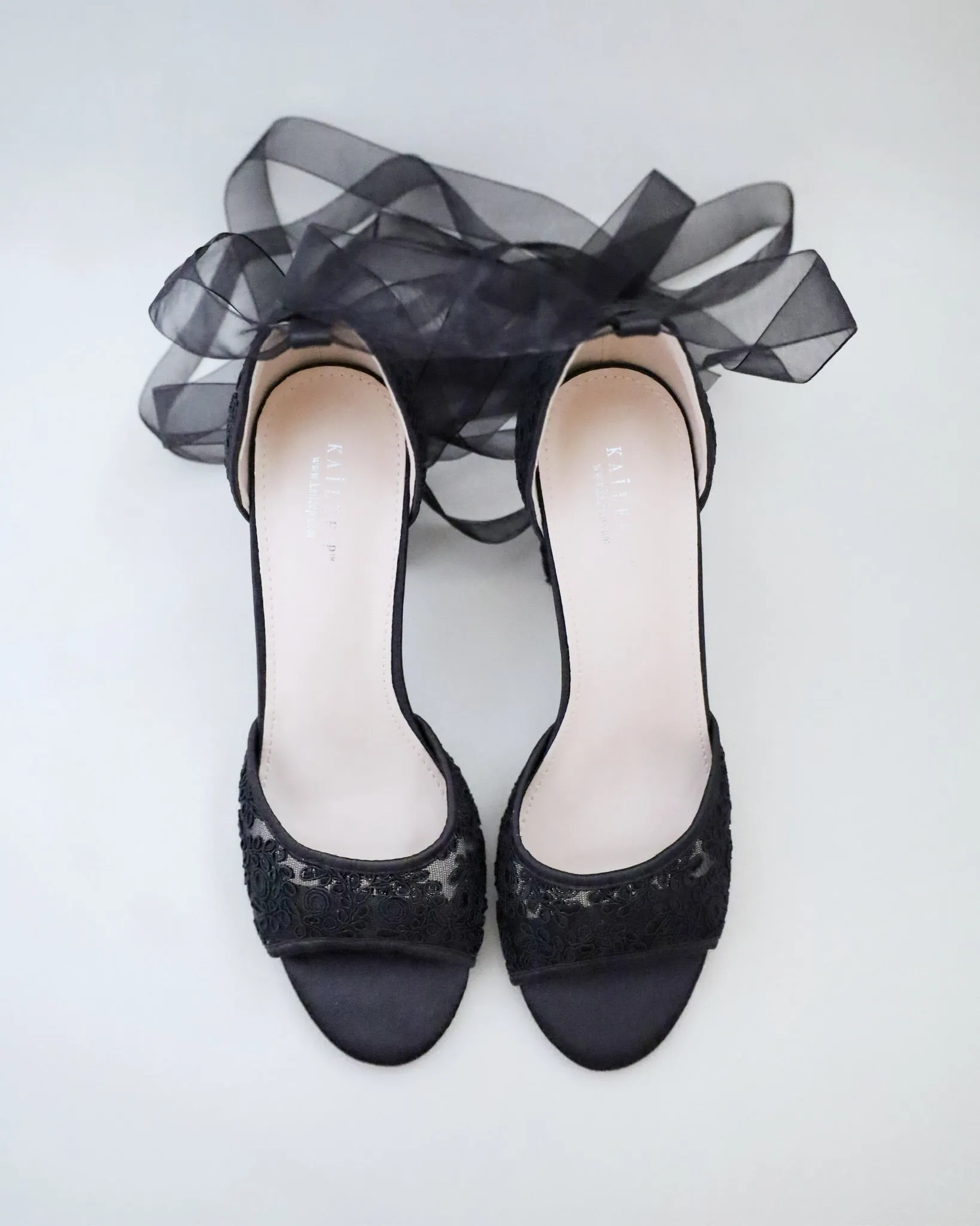 Black Crochet Lace Block Heel Evening Sandals with Ballerina Lace Up