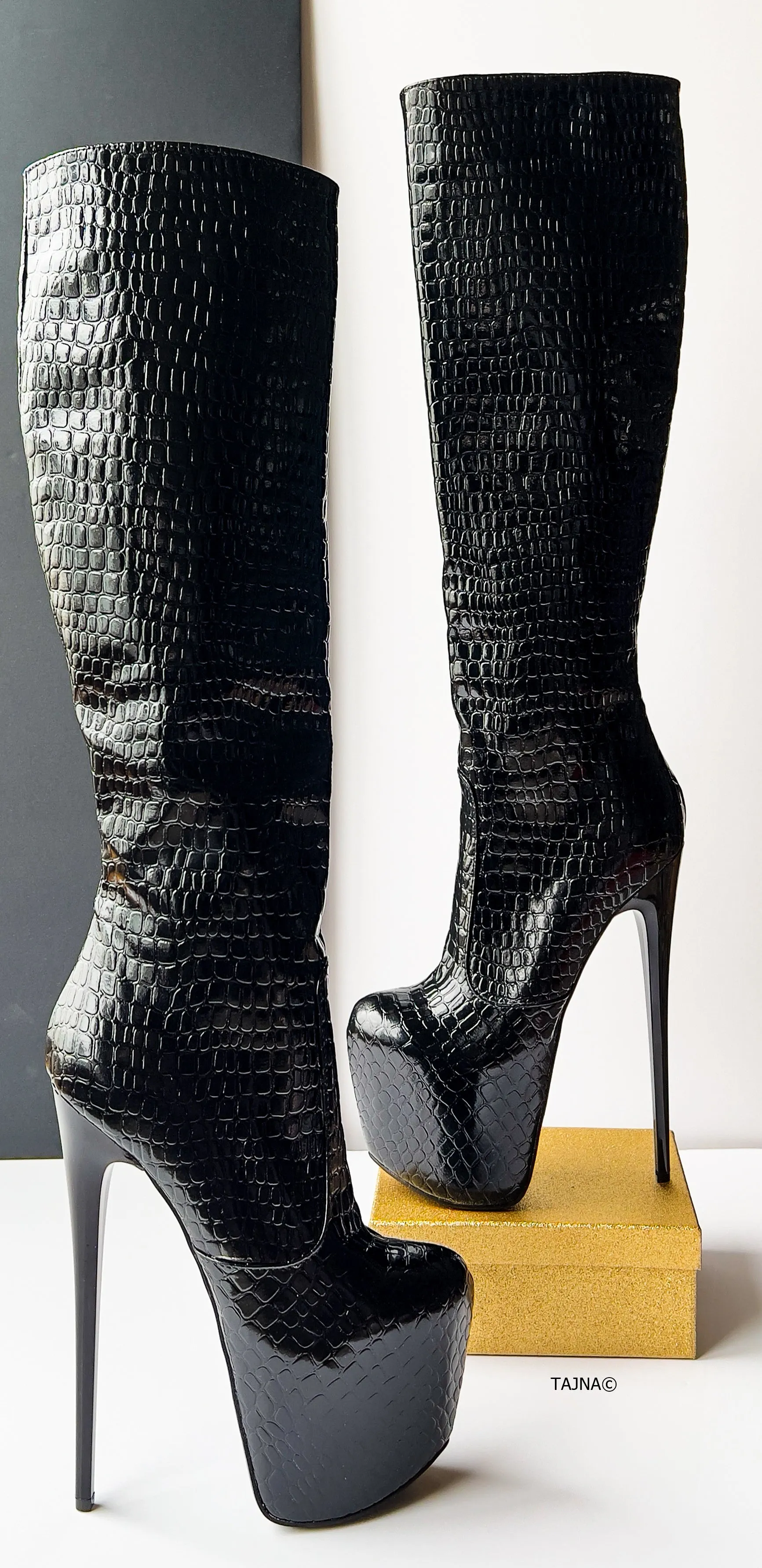 Black Croco Mid Calf High Heel Boots  Tajna Club