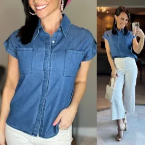 Blue Denim Sleeveless Button Down Shirt