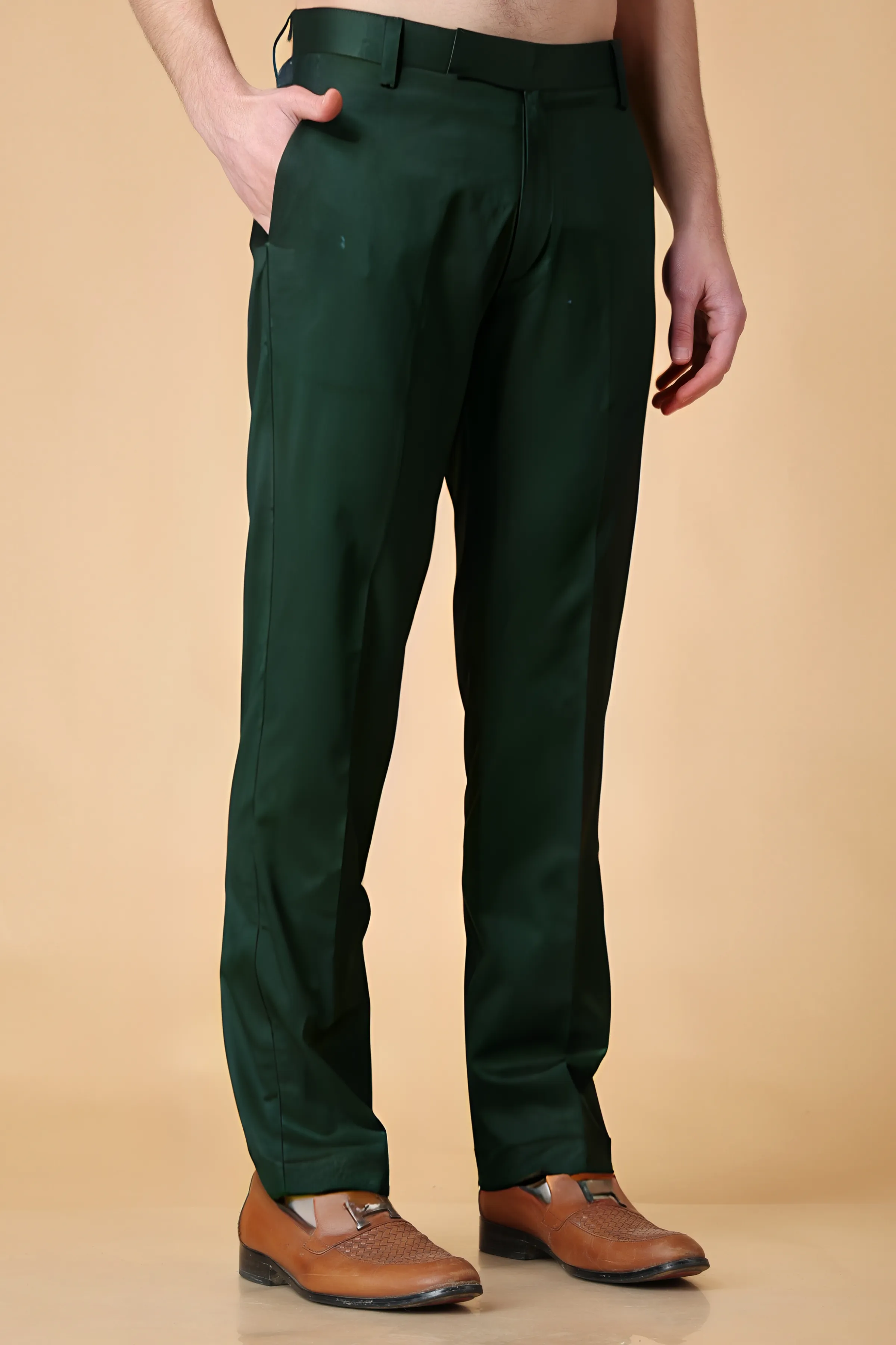 Bottle Green Solid Stretch Trousers