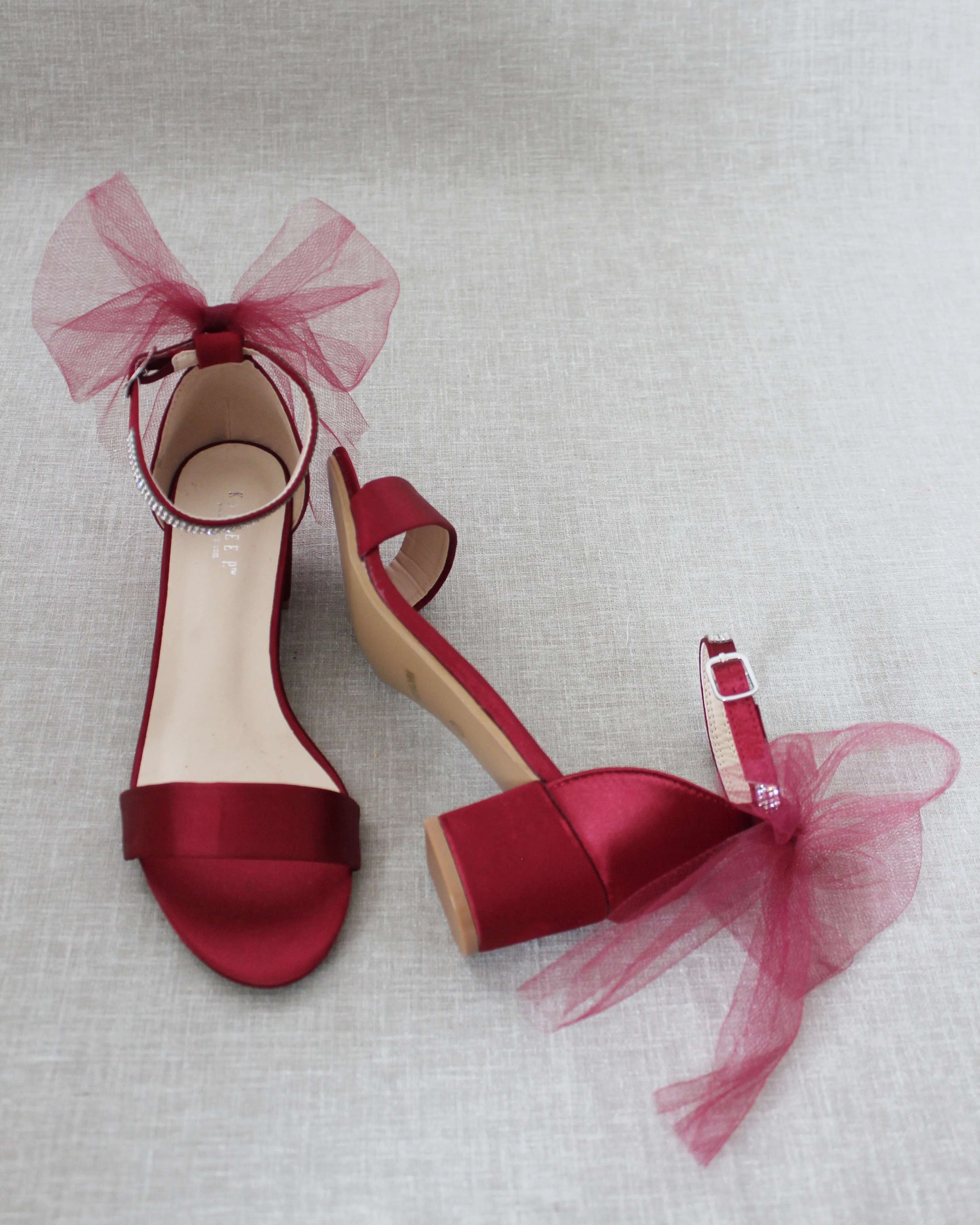 Burgundy Satin Block Heel Sandals with Tulle Back Bow