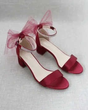 Burgundy Satin Block Heel Sandals with Tulle Back Bow