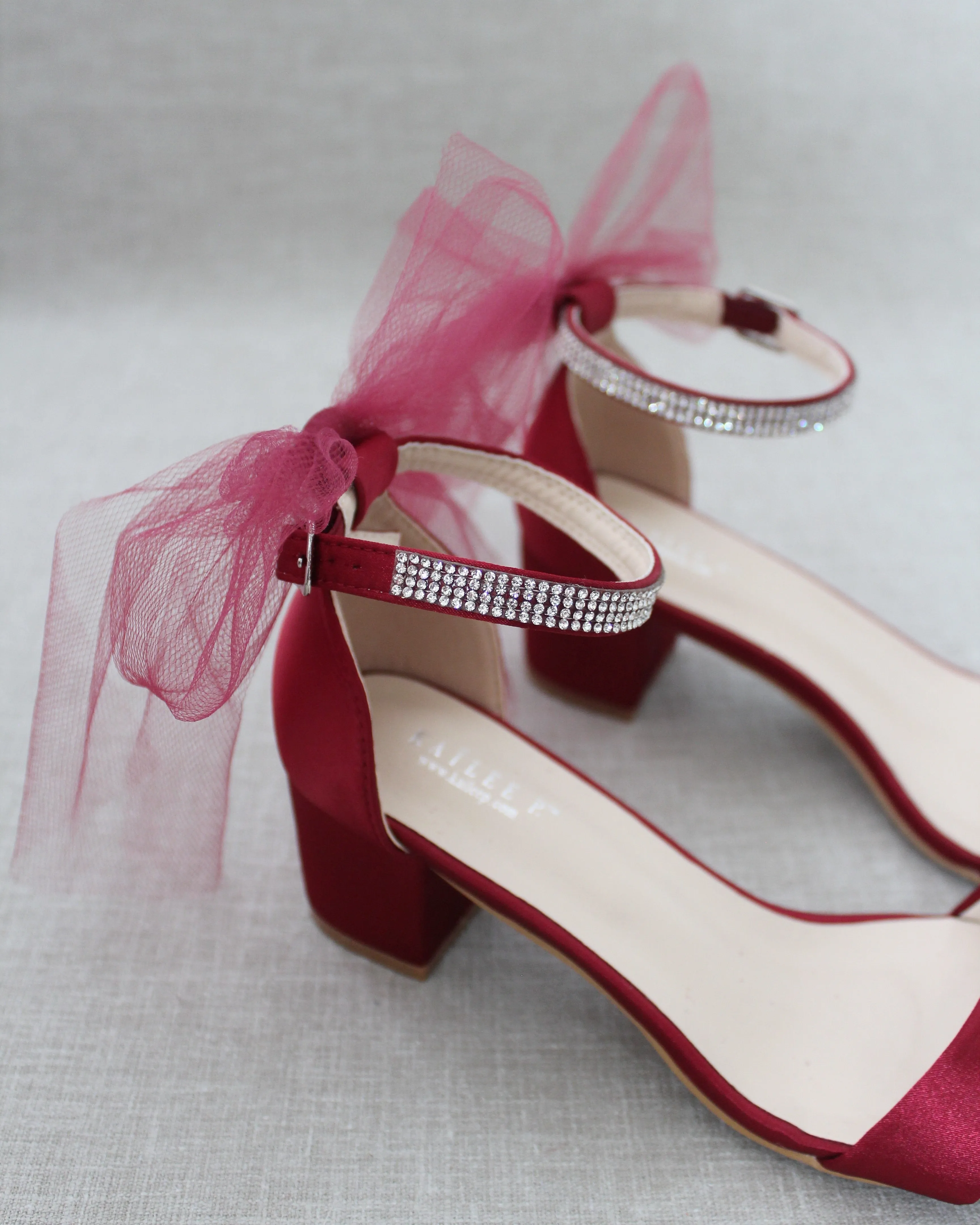 Burgundy Satin Block Heel Sandals with Tulle Back Bow