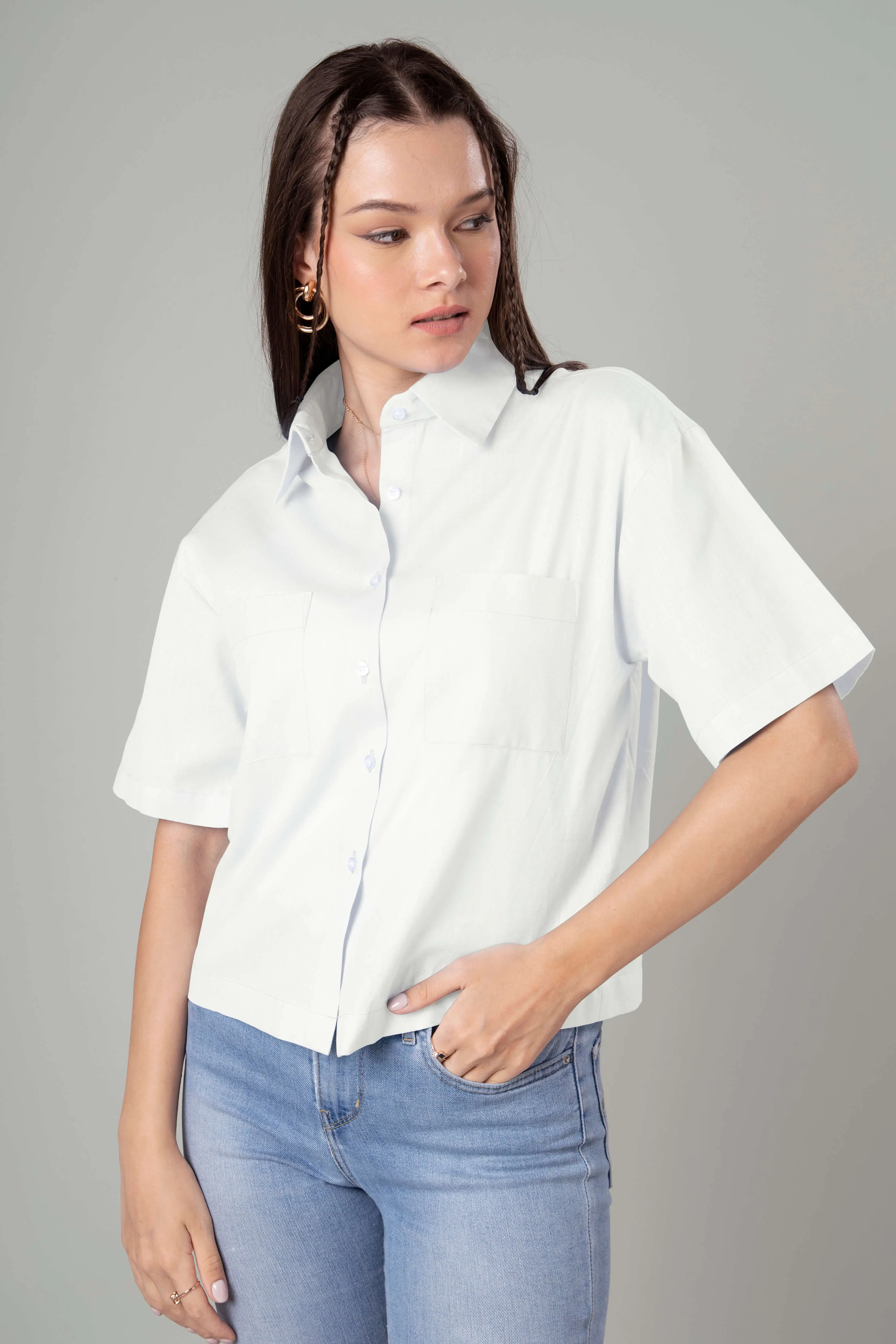 Classic Plain Short Cotton Shirt For Women