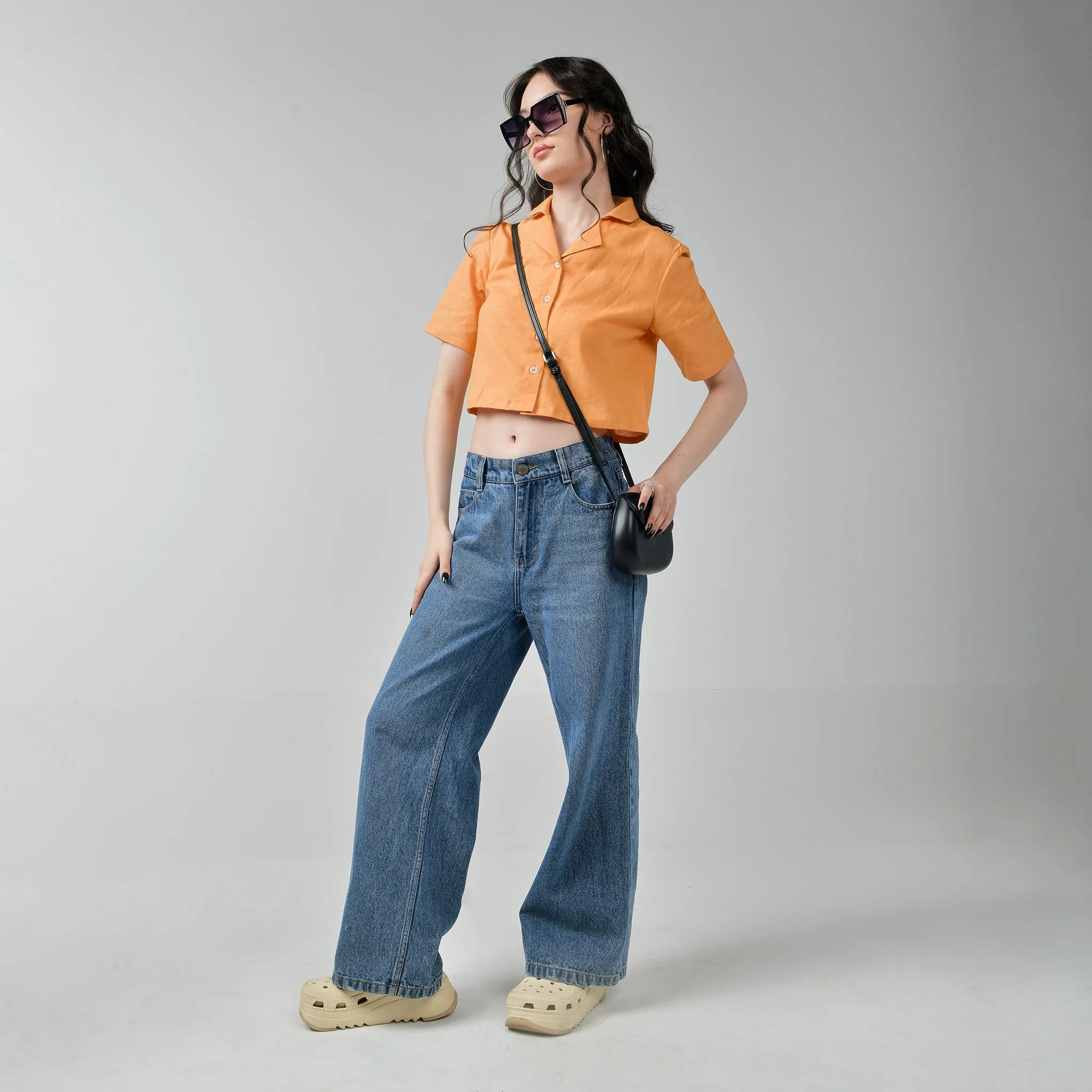 Crop Linen Shirt for women - Orange