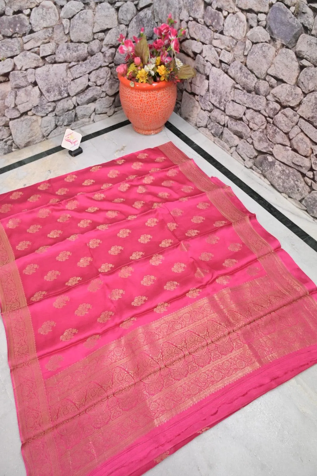 Deep Pink Color Mashru Banarasi Saree with Golden Zari Border and Meenakari Work