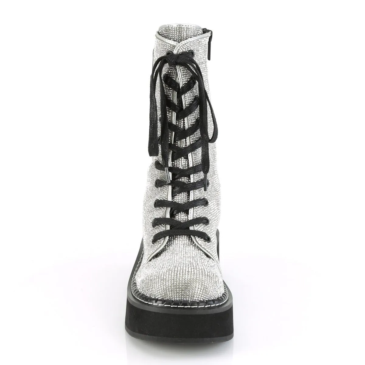 Demonia EMILY-362 | Silver V. Leather & Rhinstone Mid-Calf Boots