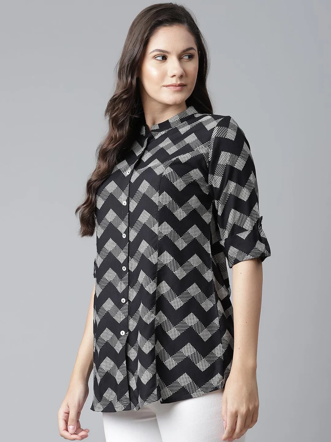 Divena Black Rayon Zigzag Print Shirts Style Top