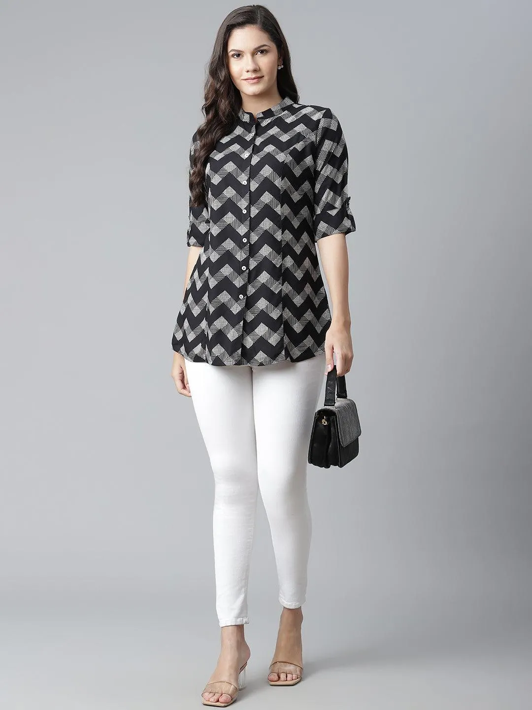 Divena Black Rayon Zigzag Print Shirts Style Top