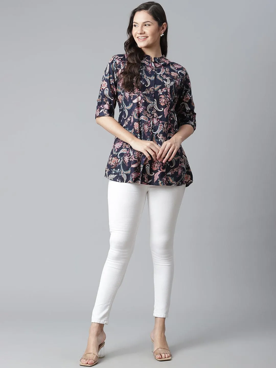 Divena Blue Printed Rayon Shirt Style A-Line Top