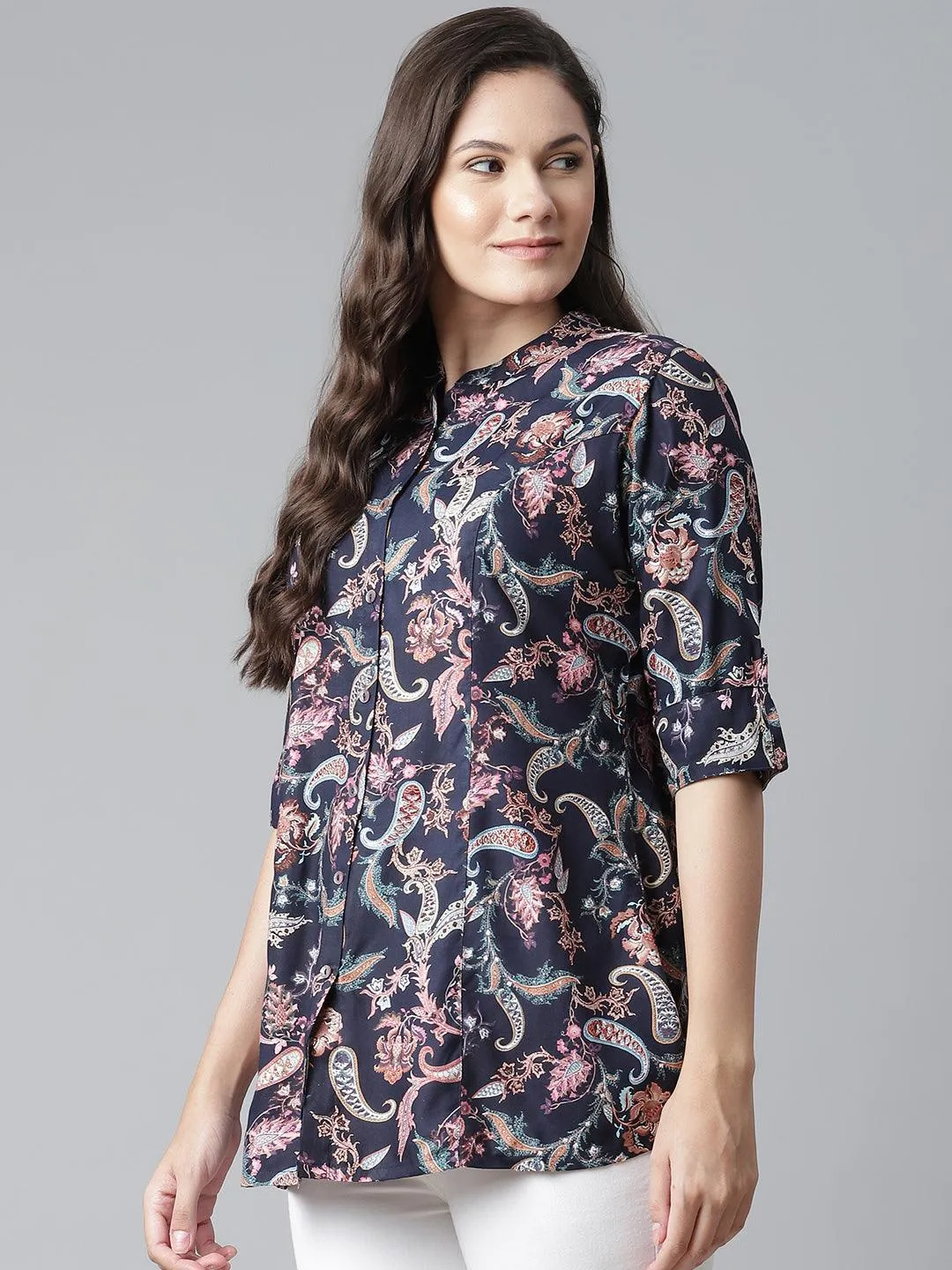 Divena Blue Printed Rayon Shirt Style A-Line Top