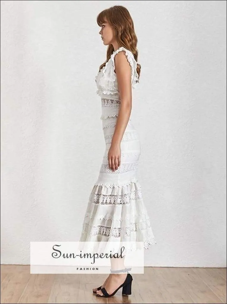 Elaine Dress- Vintage Solid White and Black Elegant V Neck Lace Ruffles Maxi Dress