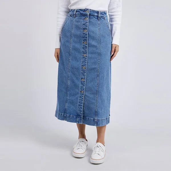 Florence Button Thru Denim Skirt - Mid Blue Denim