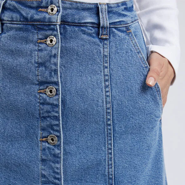 Florence Button Thru Denim Skirt - Mid Blue Denim