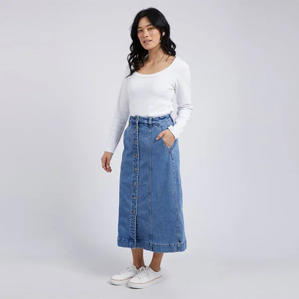 Florence Button Thru Denim Skirt - Mid Blue Denim