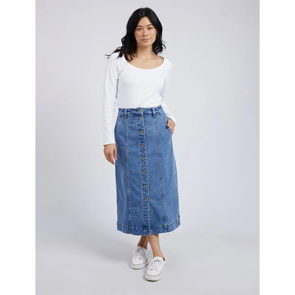 Florence Button Thru Denim Skirt - Mid Blue Denim