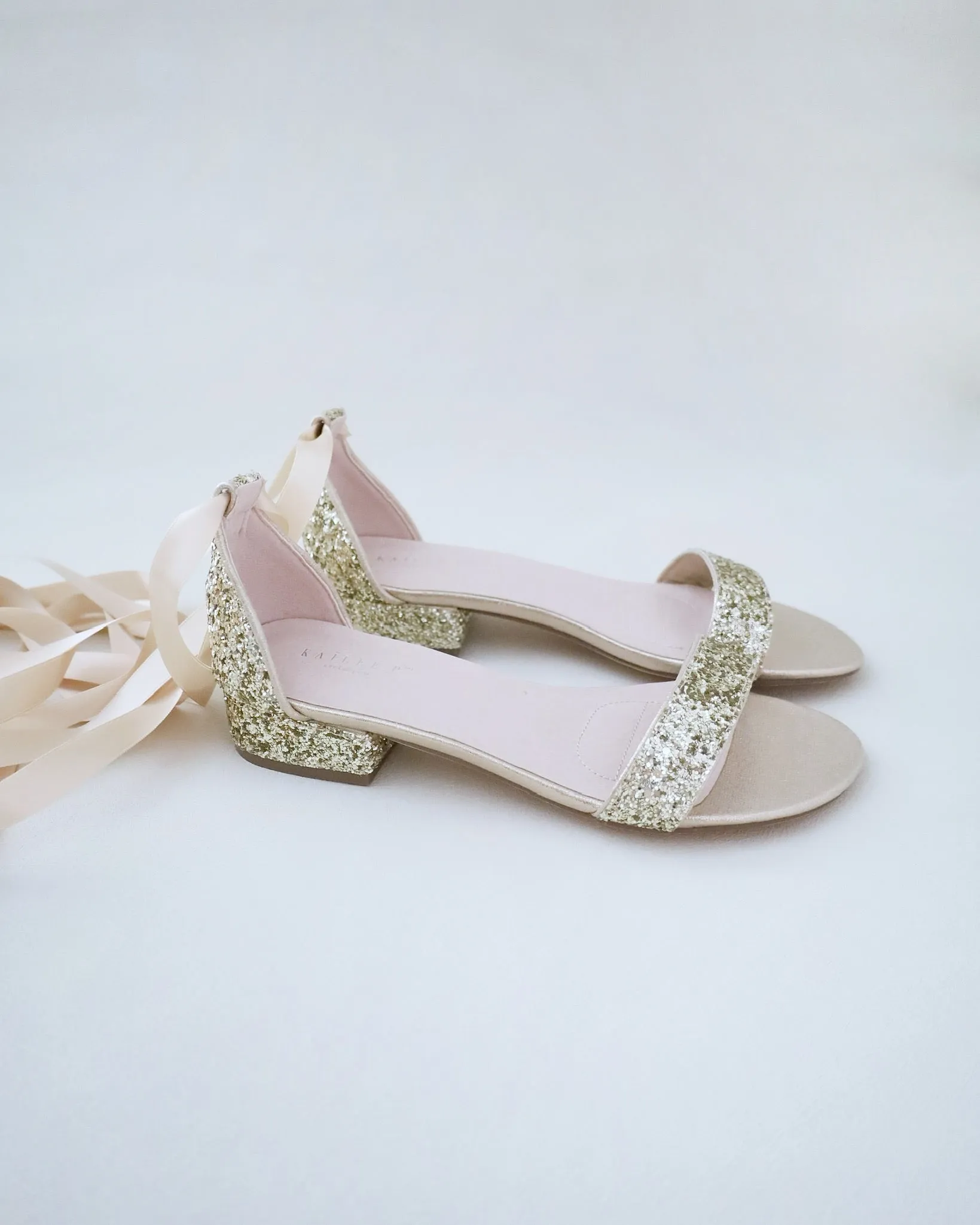 Gold Rock Glitter Low Block Heel Ballerina Evening Sandals