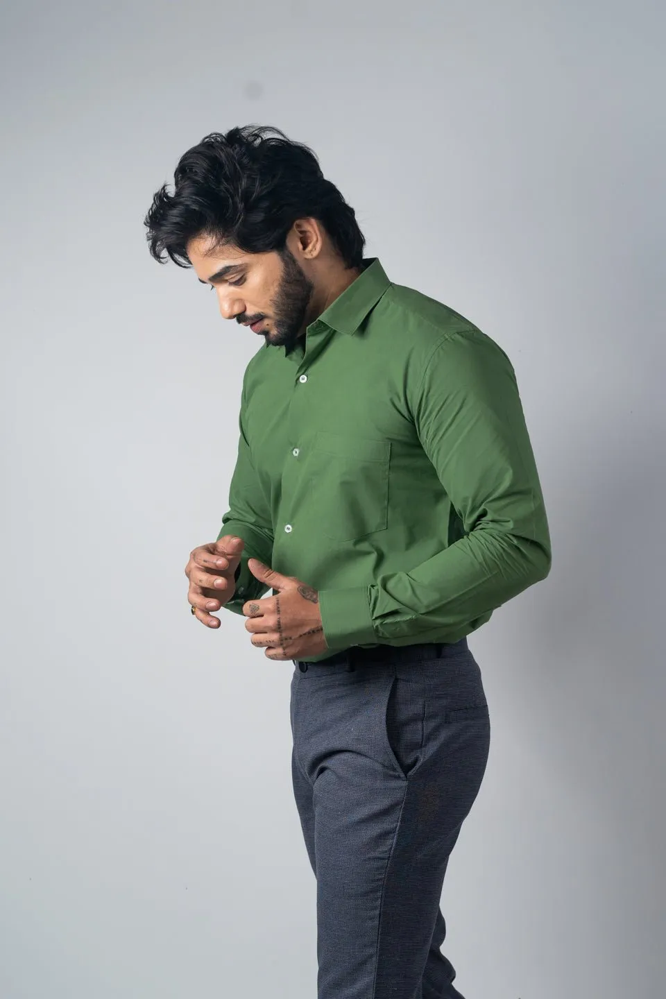 Green Color Lycra Twill Cotton Shirt For Men