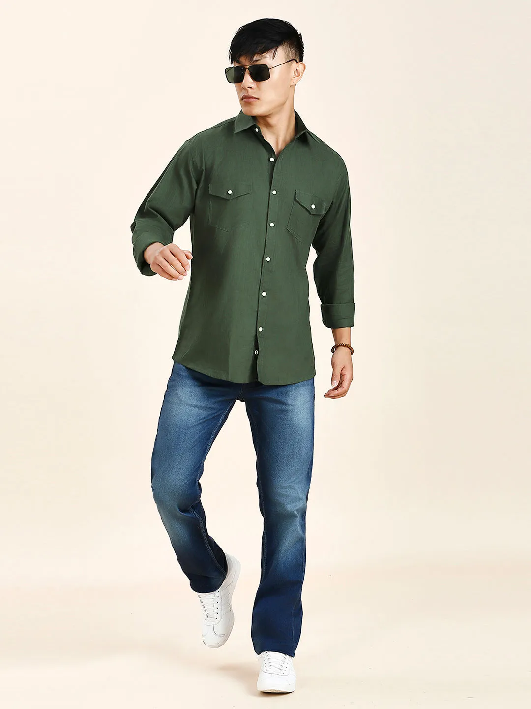 Green Double Pocket Shirt for Men