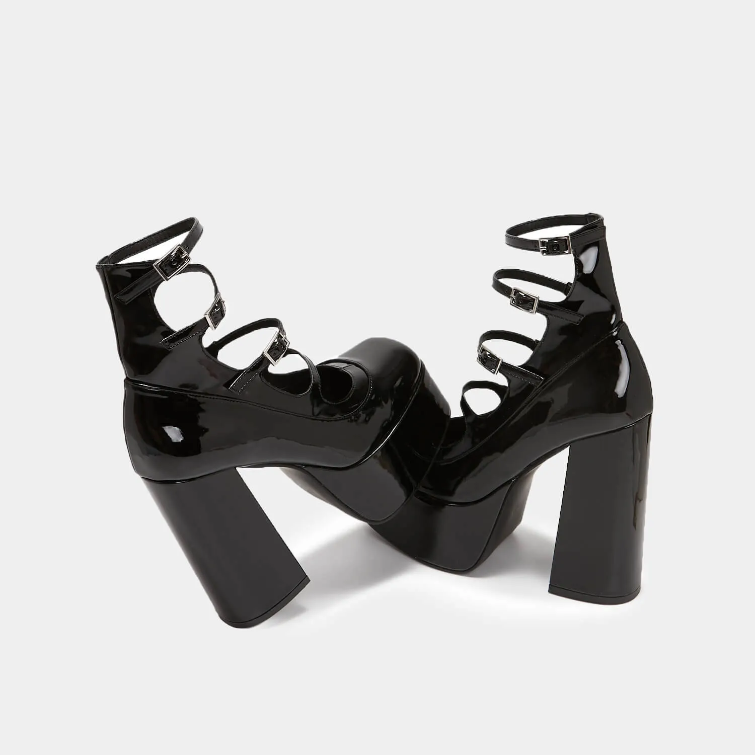 Gurren Strappy Black Patent Platform Heels