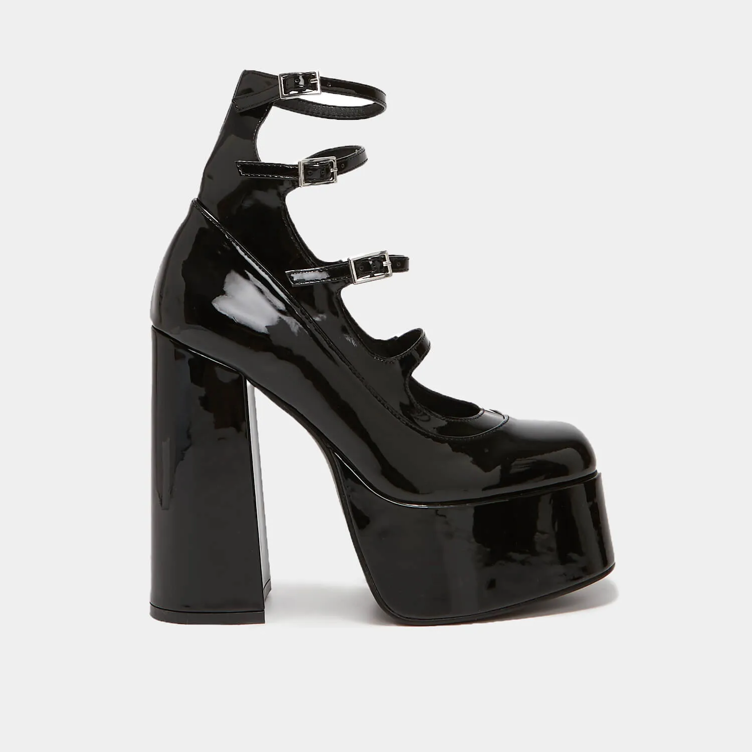 Gurren Strappy Black Patent Platform Heels