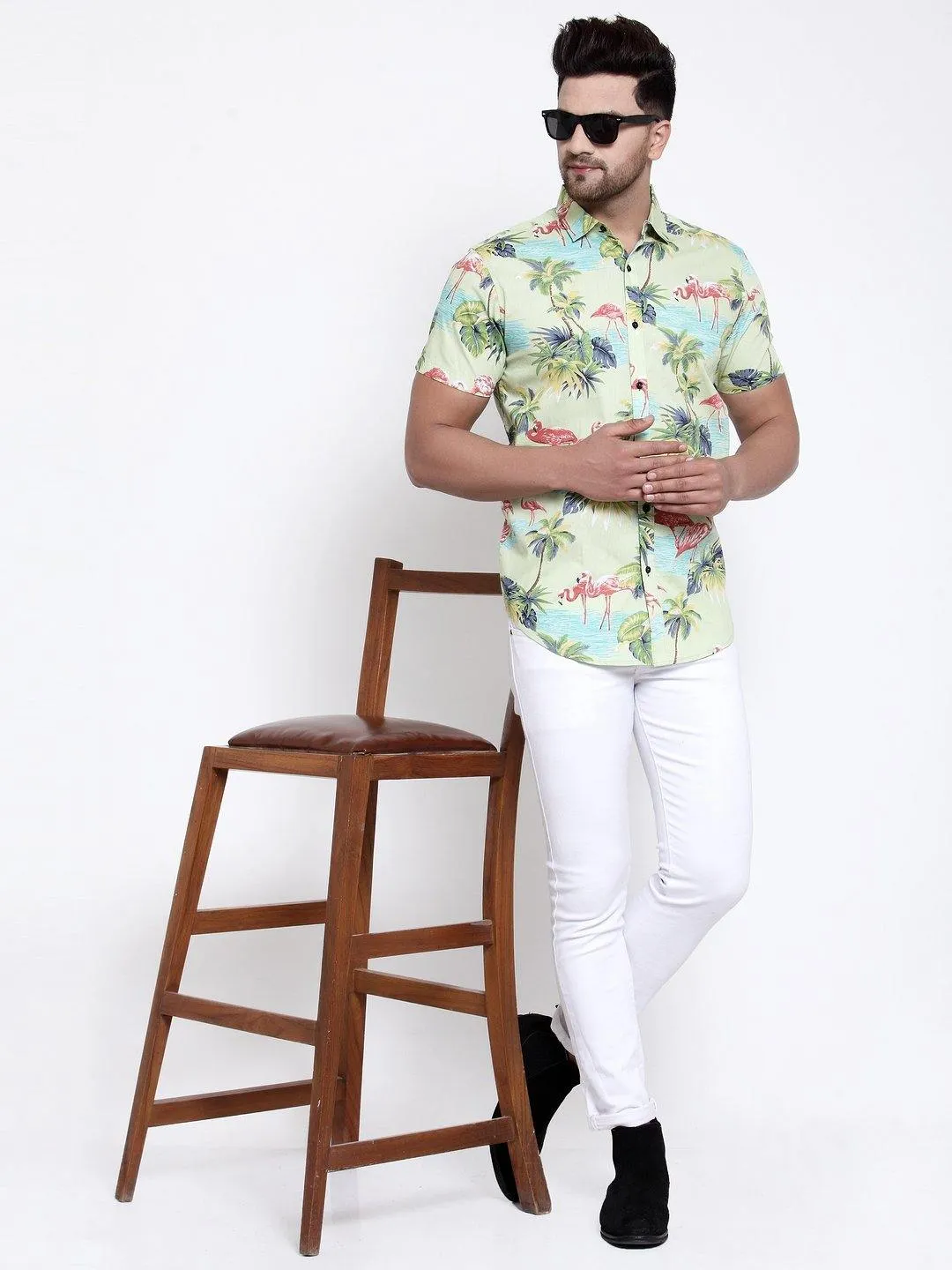 Men Light Green Floral Print Boxy Fit Casual Smart Shirt