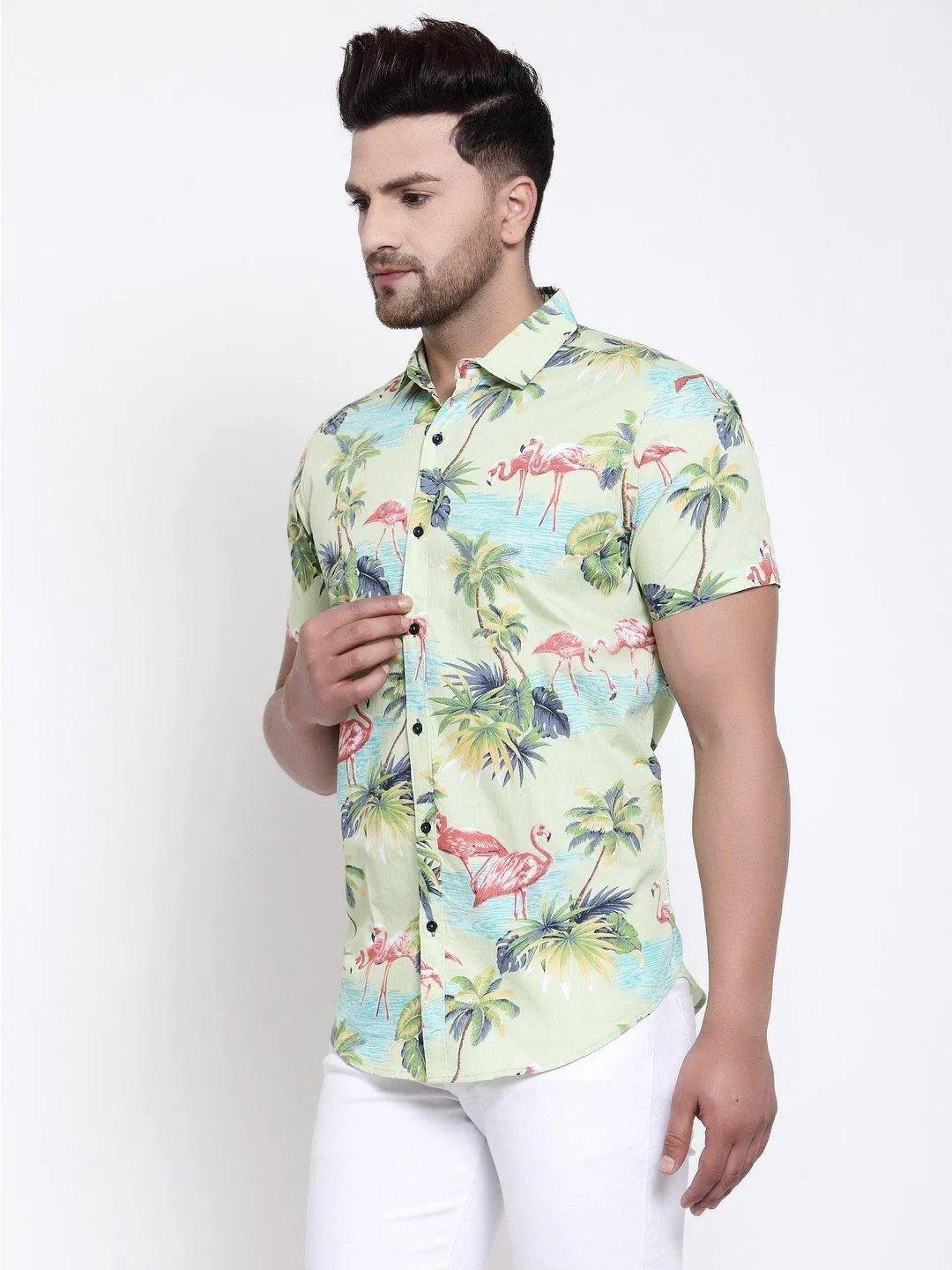 Men Light Green Floral Print Boxy Fit Casual Smart Shirt