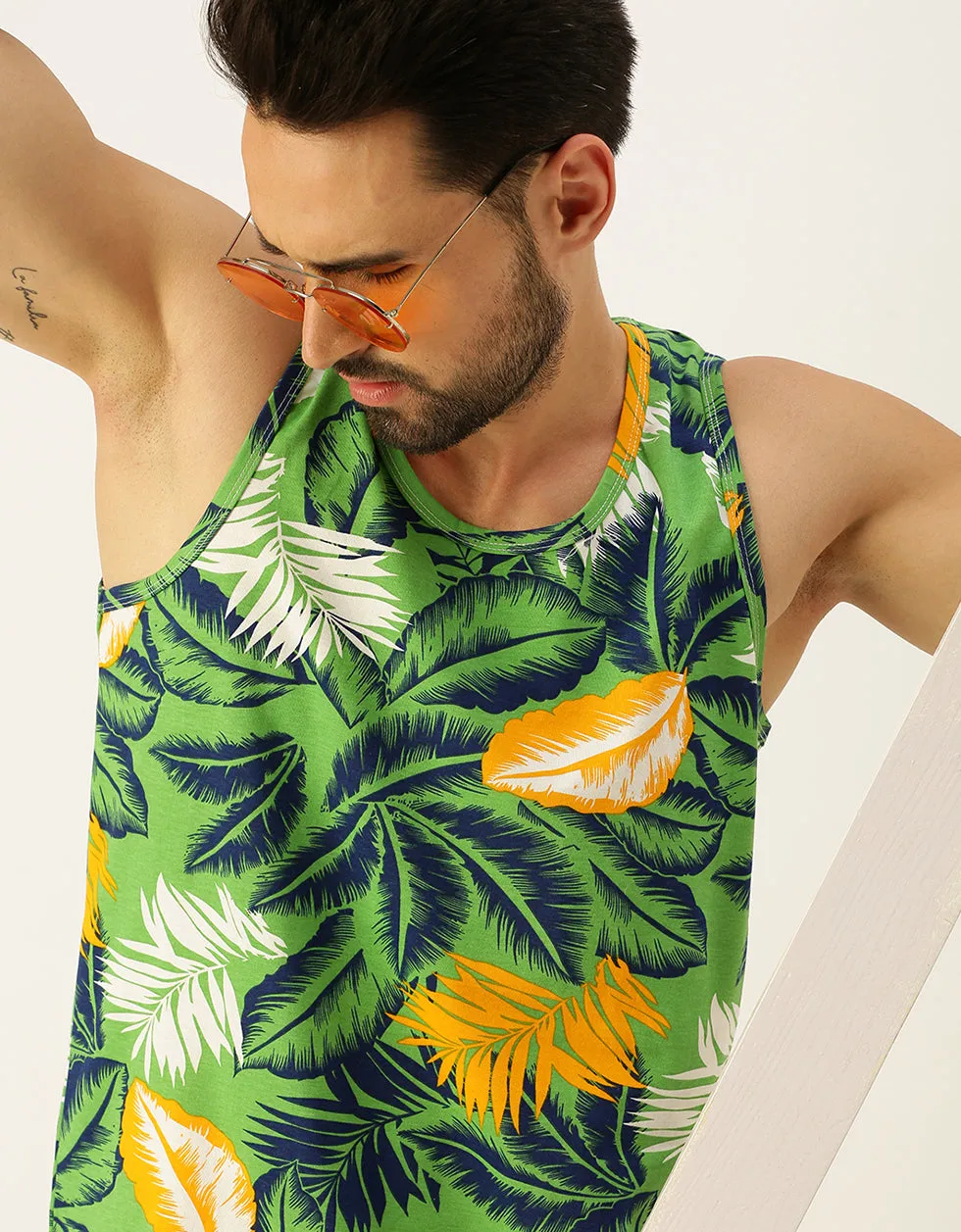 Men's Green Round Neck Printed Men's Vest