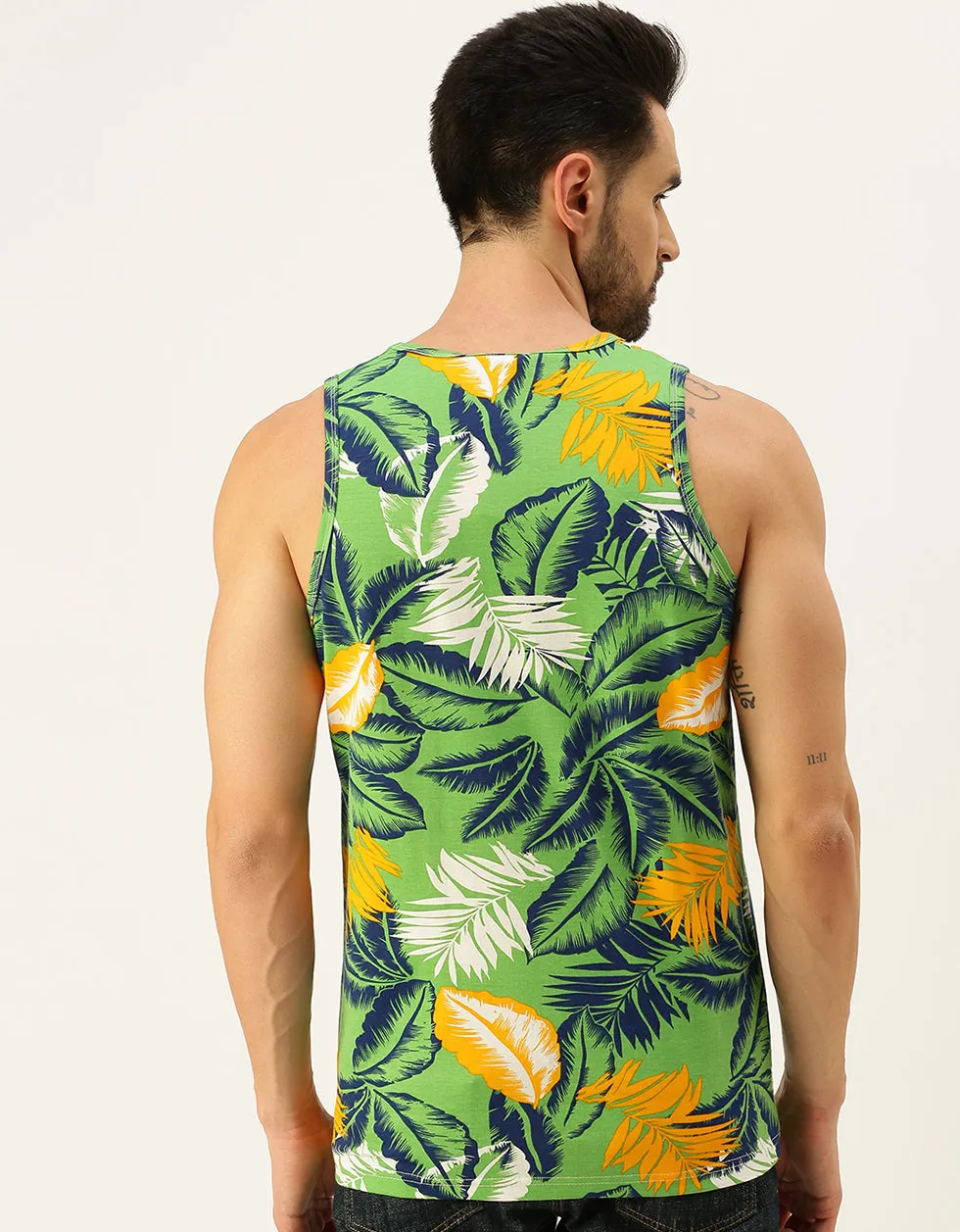 Men's Green Round Neck Printed Men's Vest