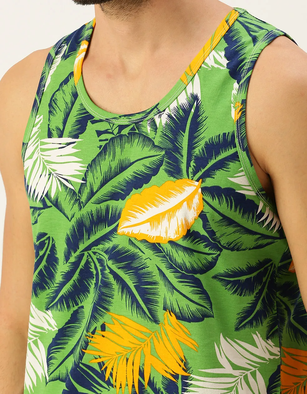 Men's Green Round Neck Printed Men's Vest