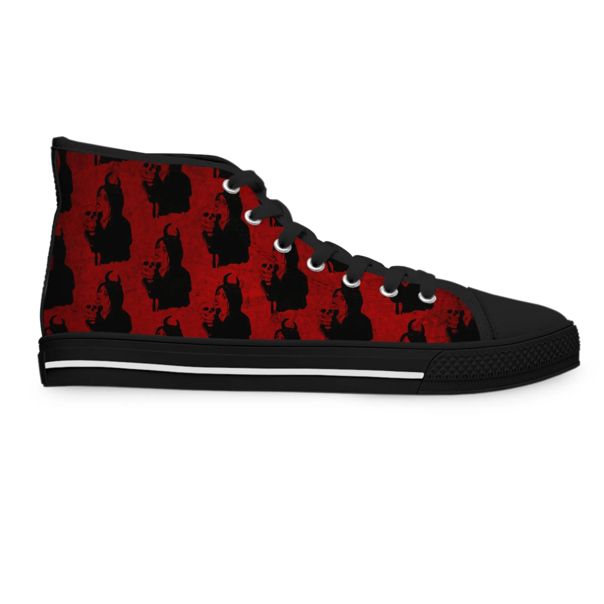 Red Goth Sneakers For Women With Skull Print