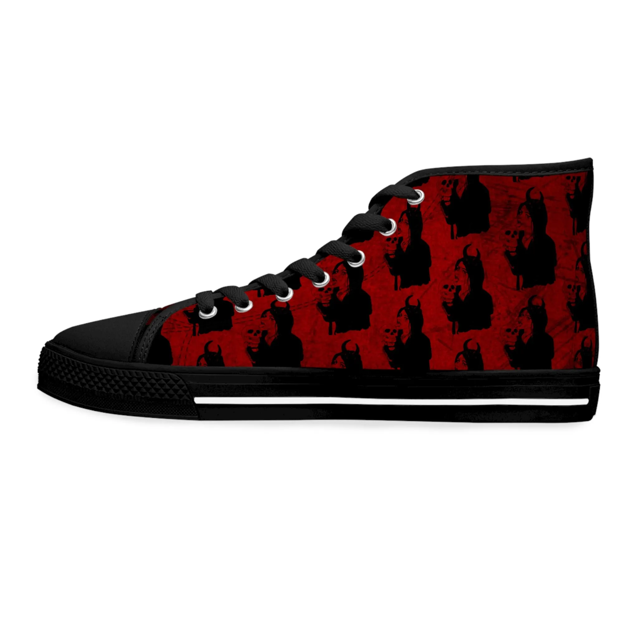 Red Goth Sneakers For Women With Skull Print