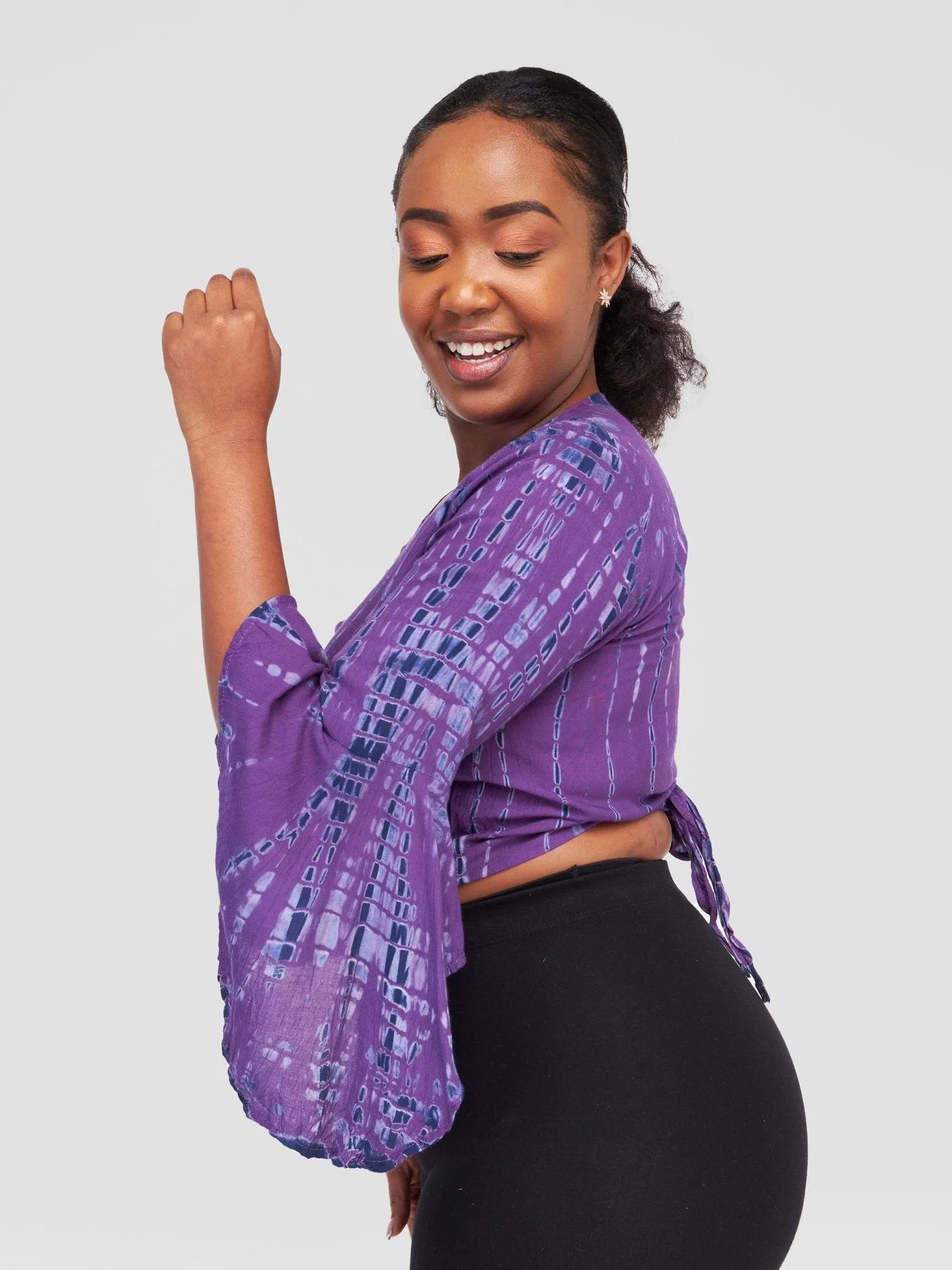 Sayuri Flare Sleeve Patterned Wrap Shirt - Purple