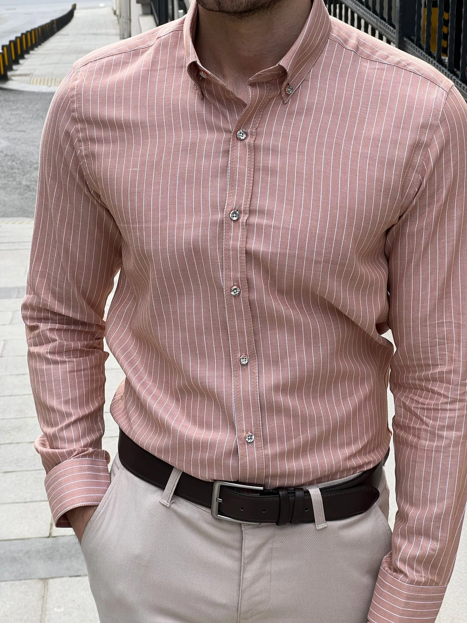 Slim Fit Striped Cotton Salmon Shirt