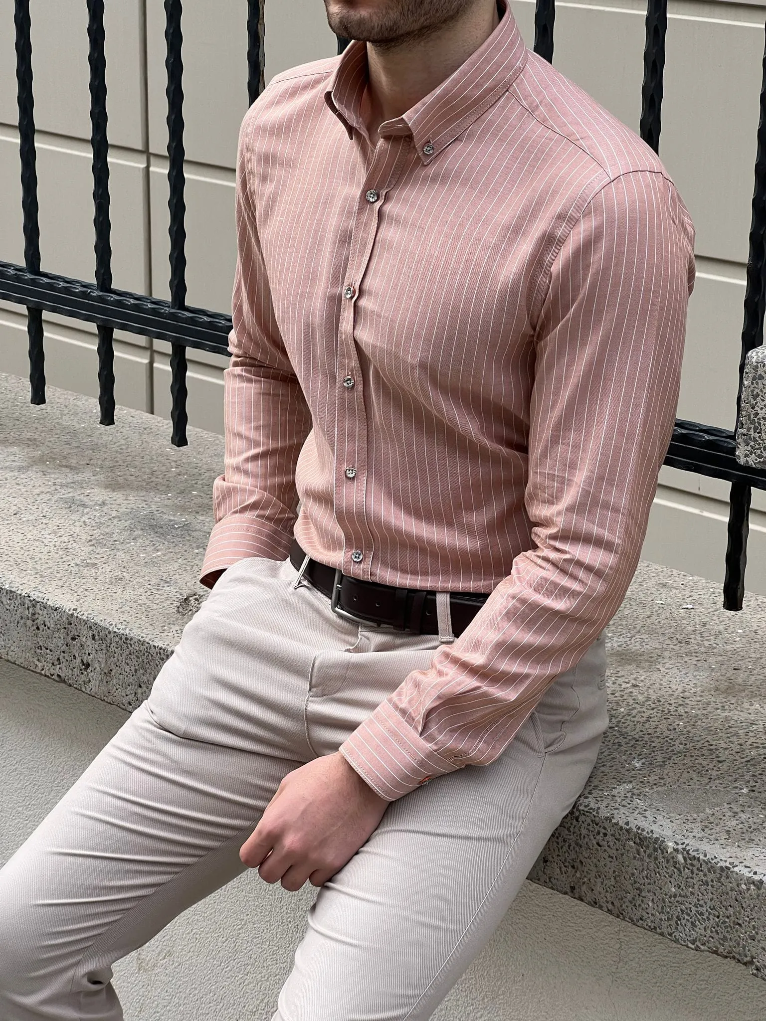 Slim Fit Striped Cotton Salmon Shirt