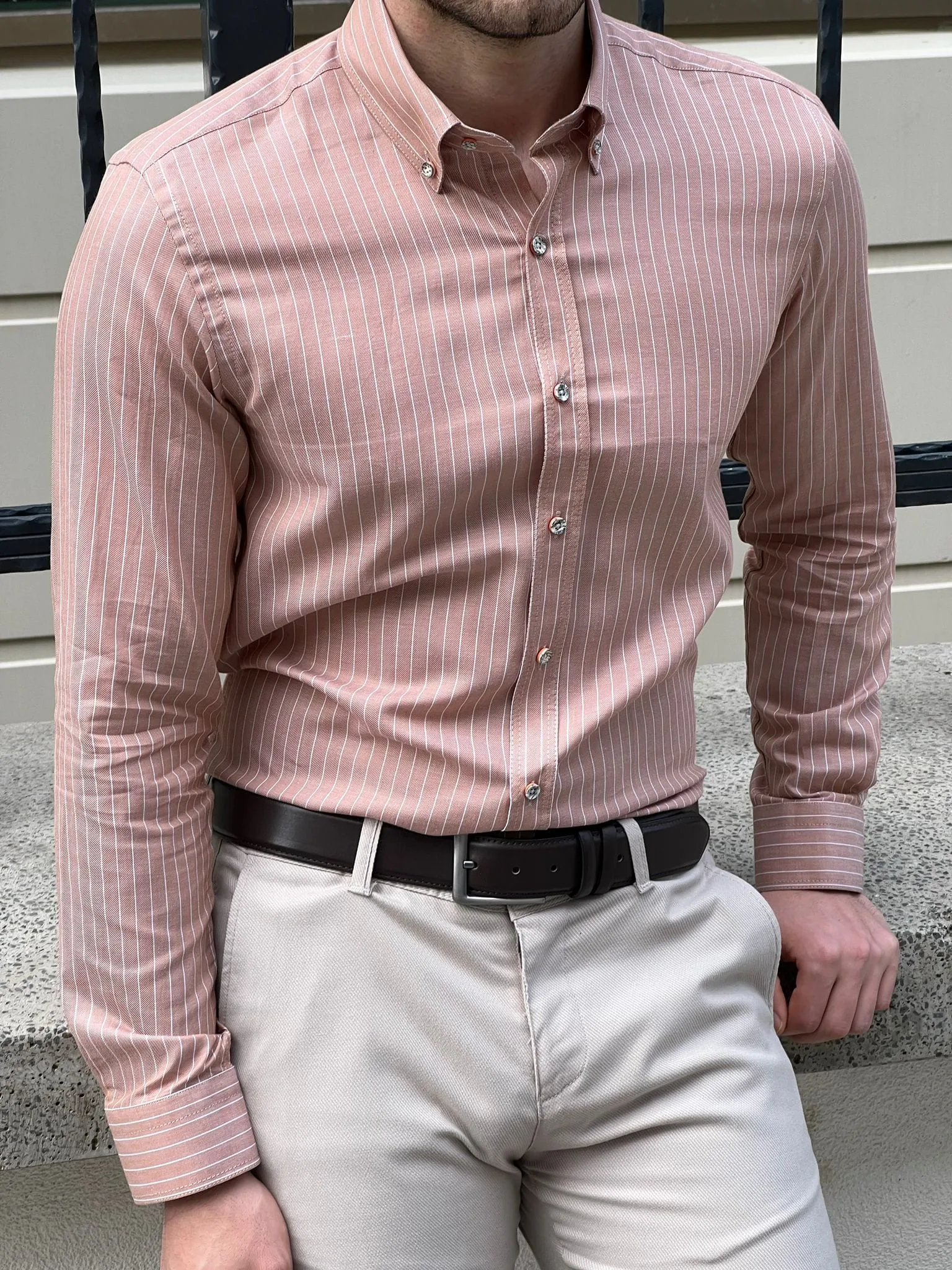 Slim Fit Striped Cotton Salmon Shirt