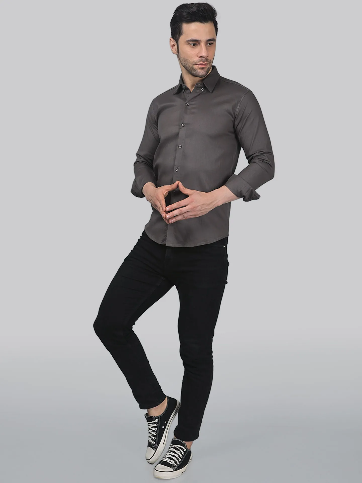 Sporty-luxe TryBuy Premium Grey Cotton Button-Up Shirt For Men