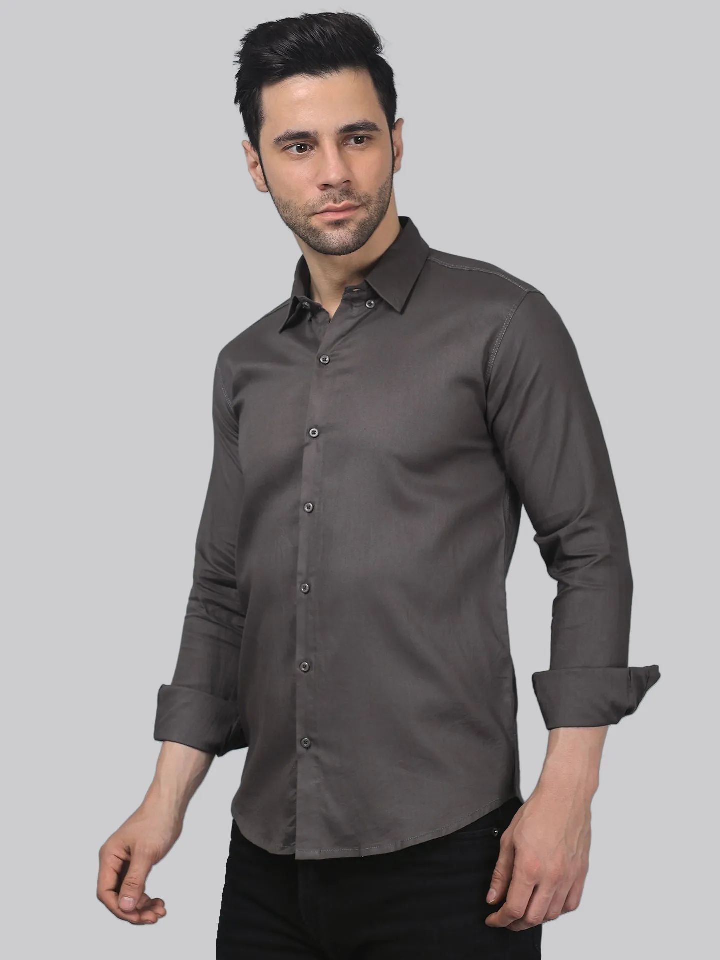 Sporty-luxe TryBuy Premium Grey Cotton Button-Up Shirt For Men