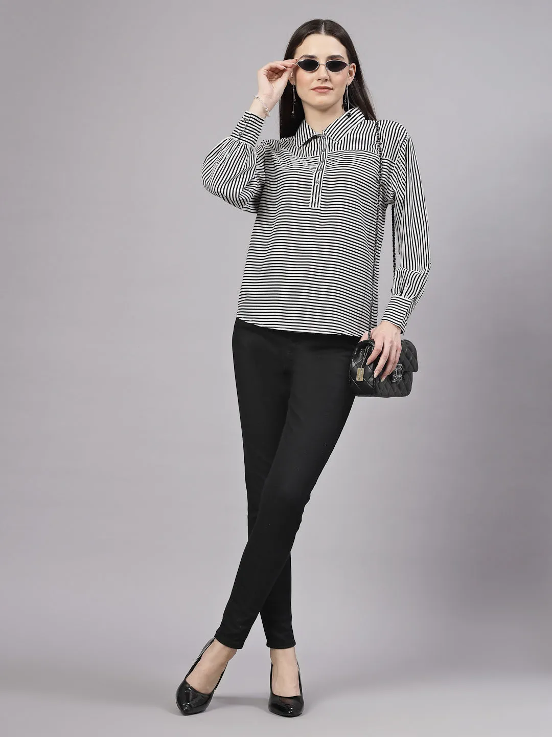 Style Quotient Women Black White Stripe Polyester Smart Casual Top