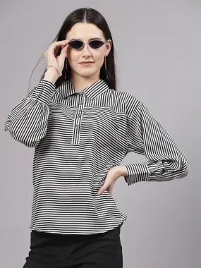 Style Quotient Women Black White Stripe Polyester Smart Casual Top