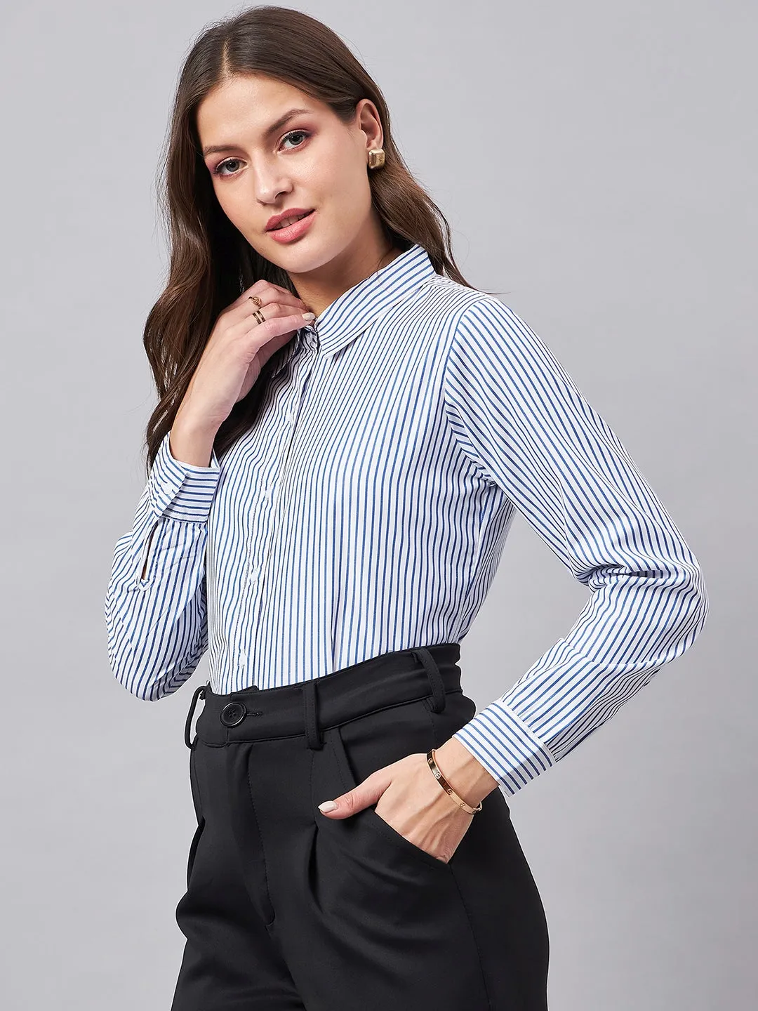 Style Quotient Women Blue And White Stripe Polycotton Regular Shirt